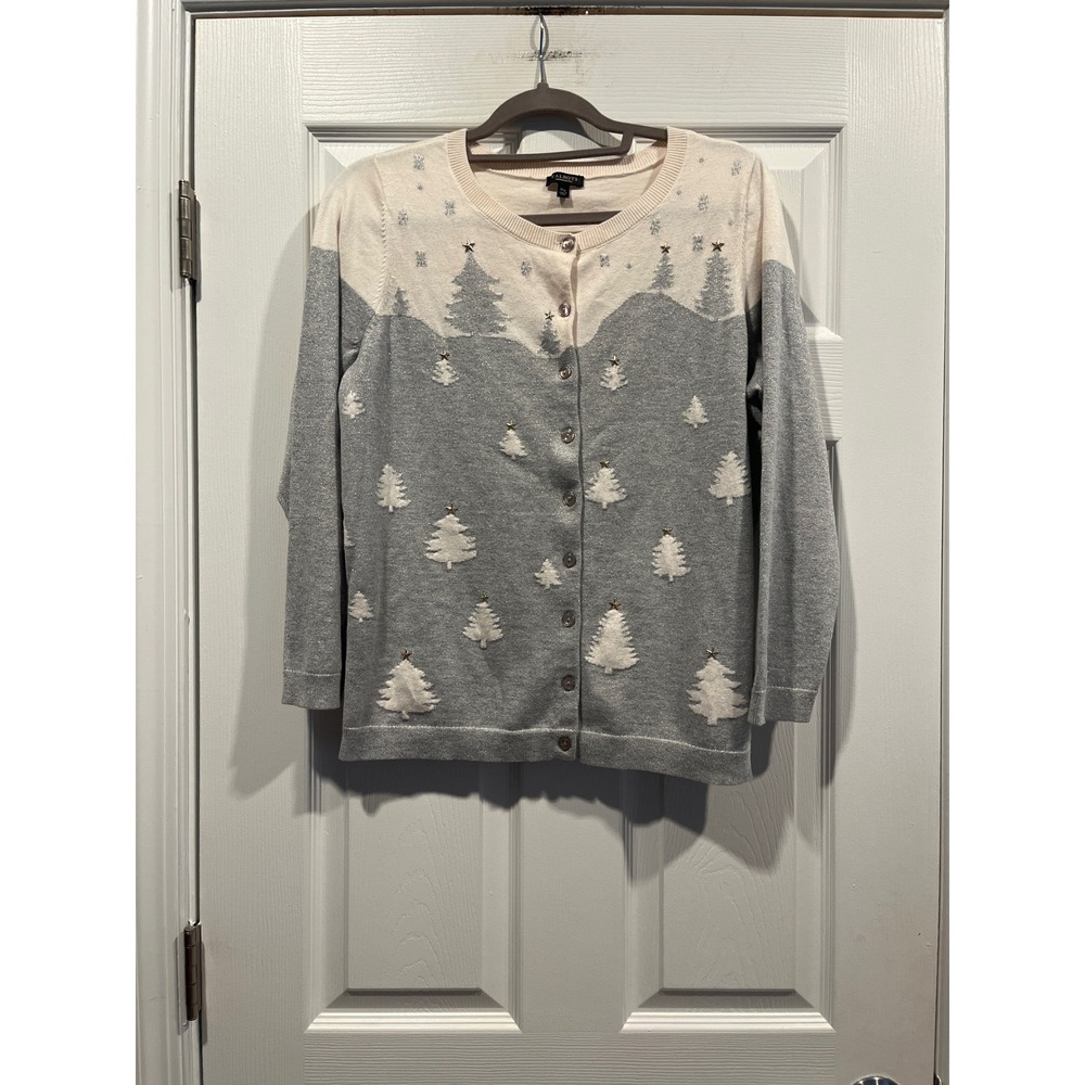 Talbots Woman Petites Christmas Tree Cardigan‎ Grey Cream Metallic Star 1XP